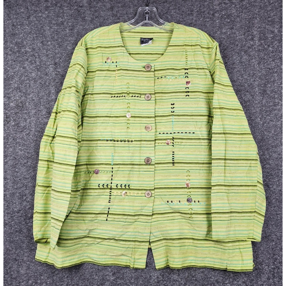 Southern Lady Button Front Top Women 22W‎ Lime Green Striped Embroidered Artsy